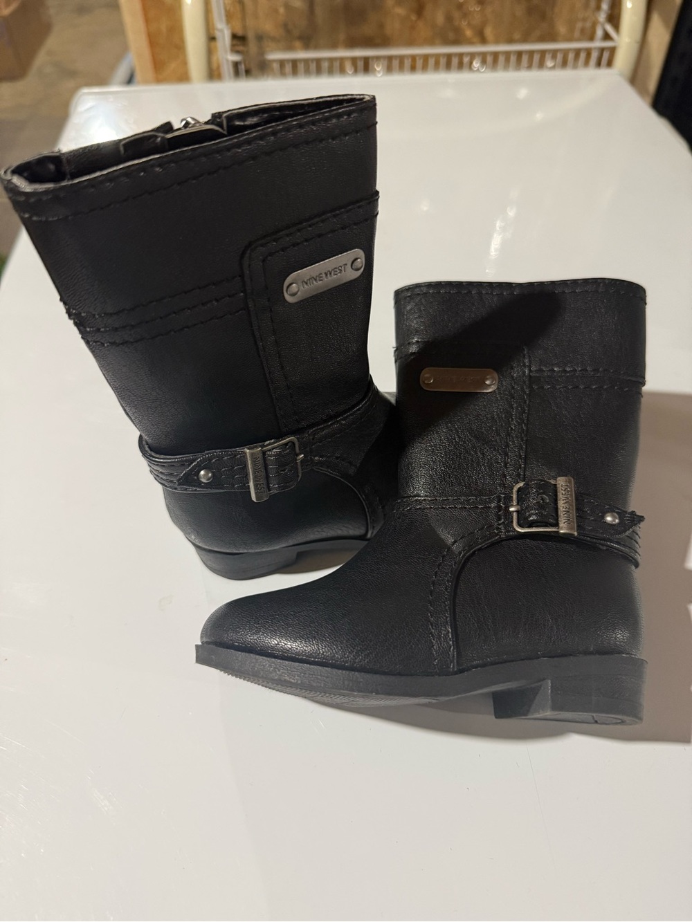 Nine West Black Mid-Calf Buckle Boots with Metal Logo